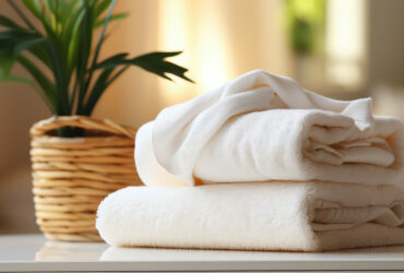 White fresh towels on bed in hotel room. Creative banner for hotel service.